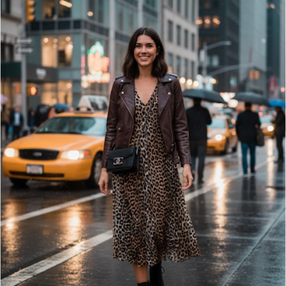 Ganni Brown and Black Animal Print Long‎ Sleeve Dress size 38
